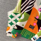 Miyake Pleated Drape Dress – Colorblock Print, 3/4 Sleeve