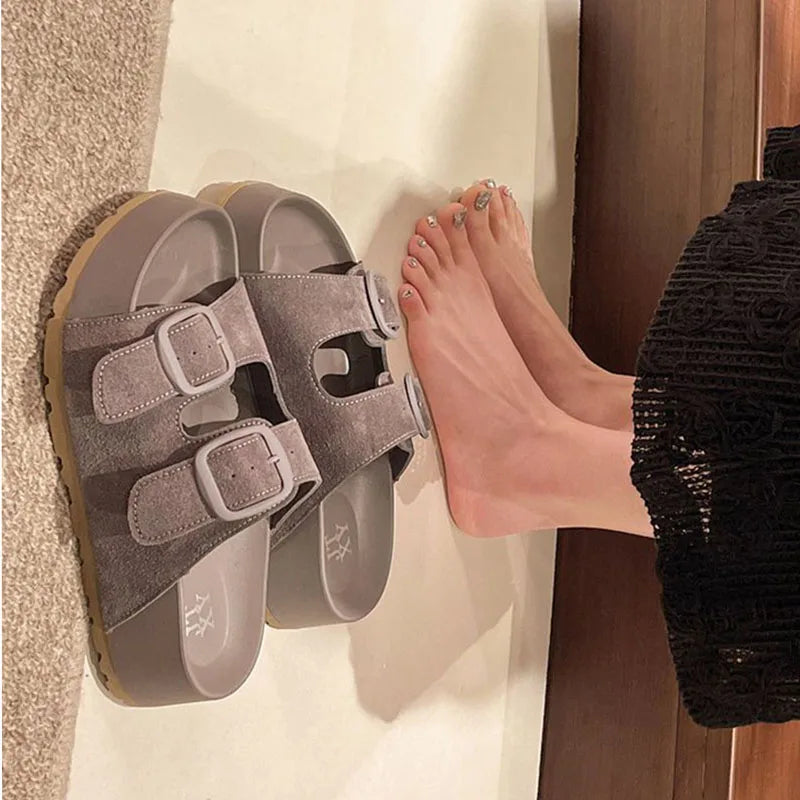 Bebealy Women Slippers With A Buckle Women's Shoes New Summer Casual Slippers Retro Trend Beach Slippers Round-headed Flip-Flops