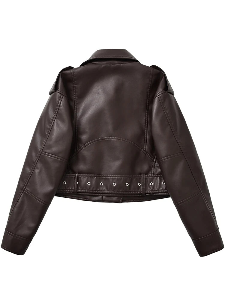 Ailegogo New Spring Autumn Women Vintage Loose Belt Faux Leather Jacket Streetwear Female Retro Moto Biker Coat Outwear