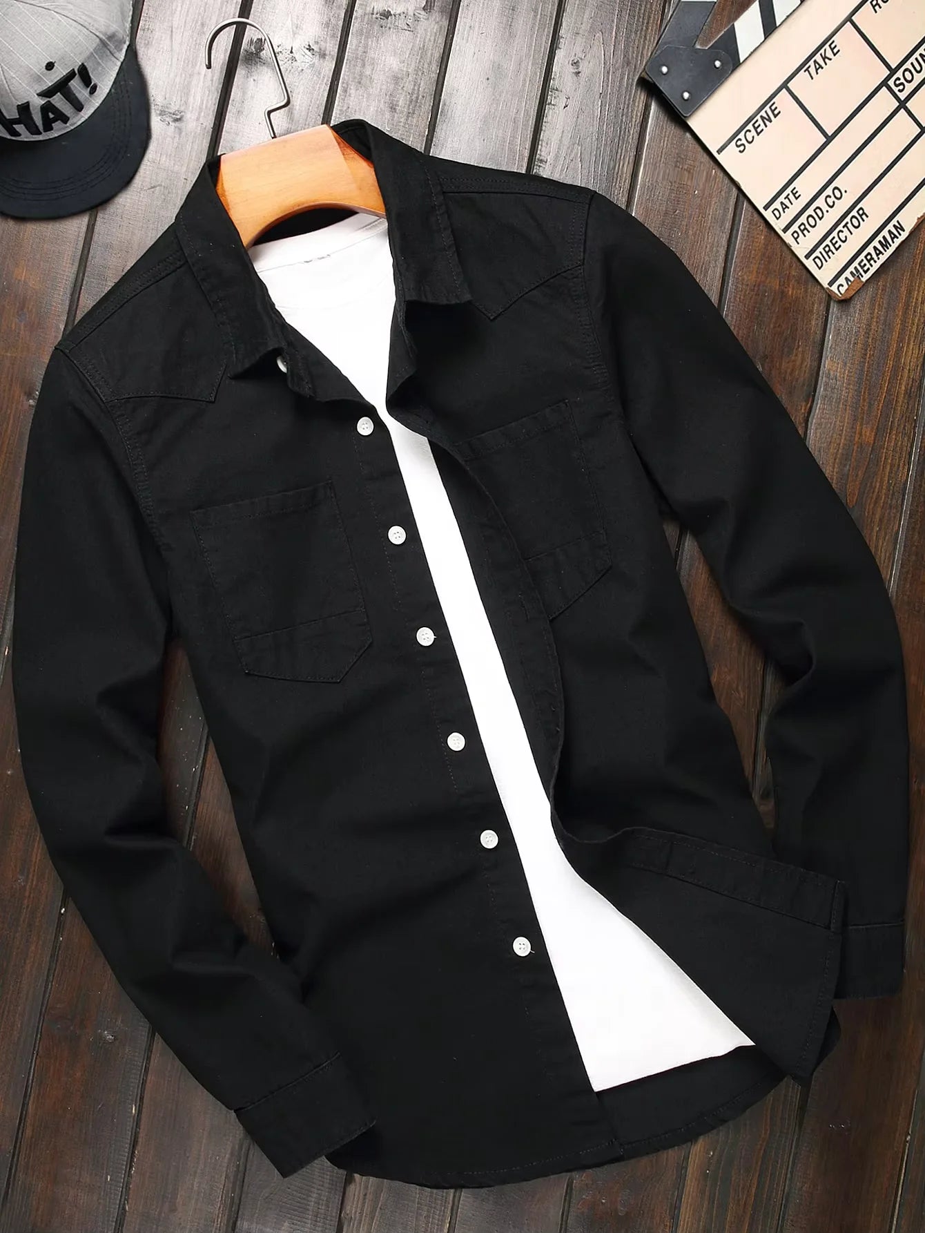 Men's Black Classic Western-Style Long Sleeve Casual Lapel Button Workwear Denim Shirt