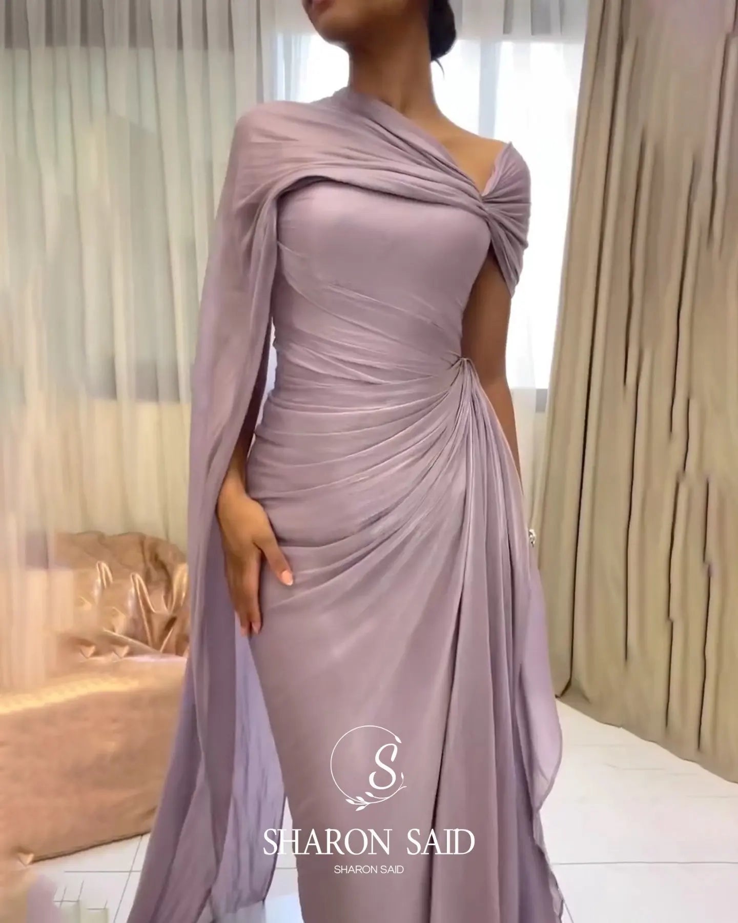 Sharon Said One-Shoulder Draped Chiffon Evening Gown SF199