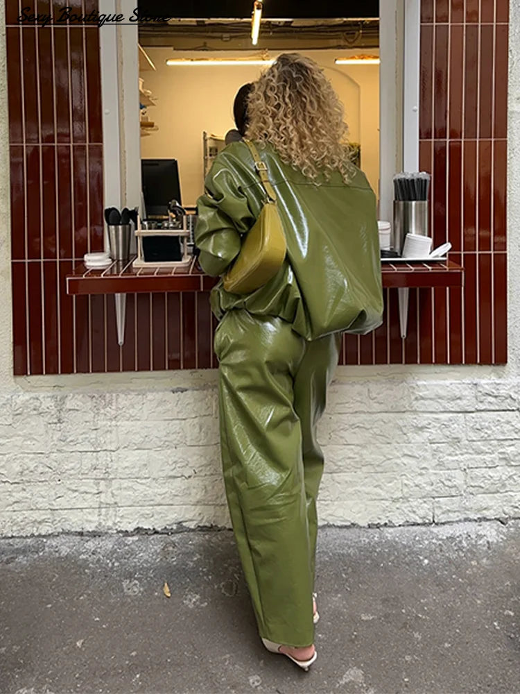 Pu Leather Jacket Skirt Sets Stand Collar Loose Coat Low Waist Solid Long Skirt Autumn Coats Skirt Sets 2025 New Lady Outfits