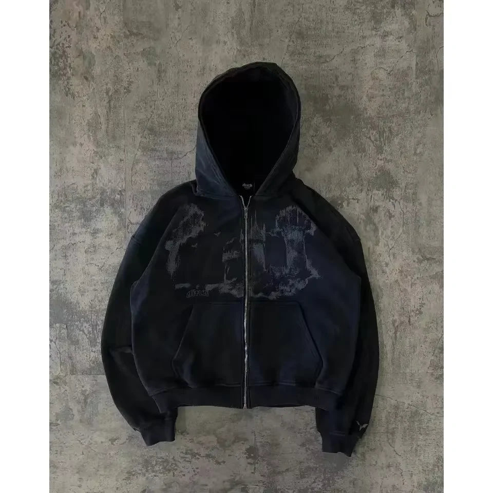 Man Hoodie Y2k Goth Streetwear Men Hip Hop Streetwear Harajuku Gothic Pattern Zip Up 90s Graphic Sweatshirt Japanese Anime