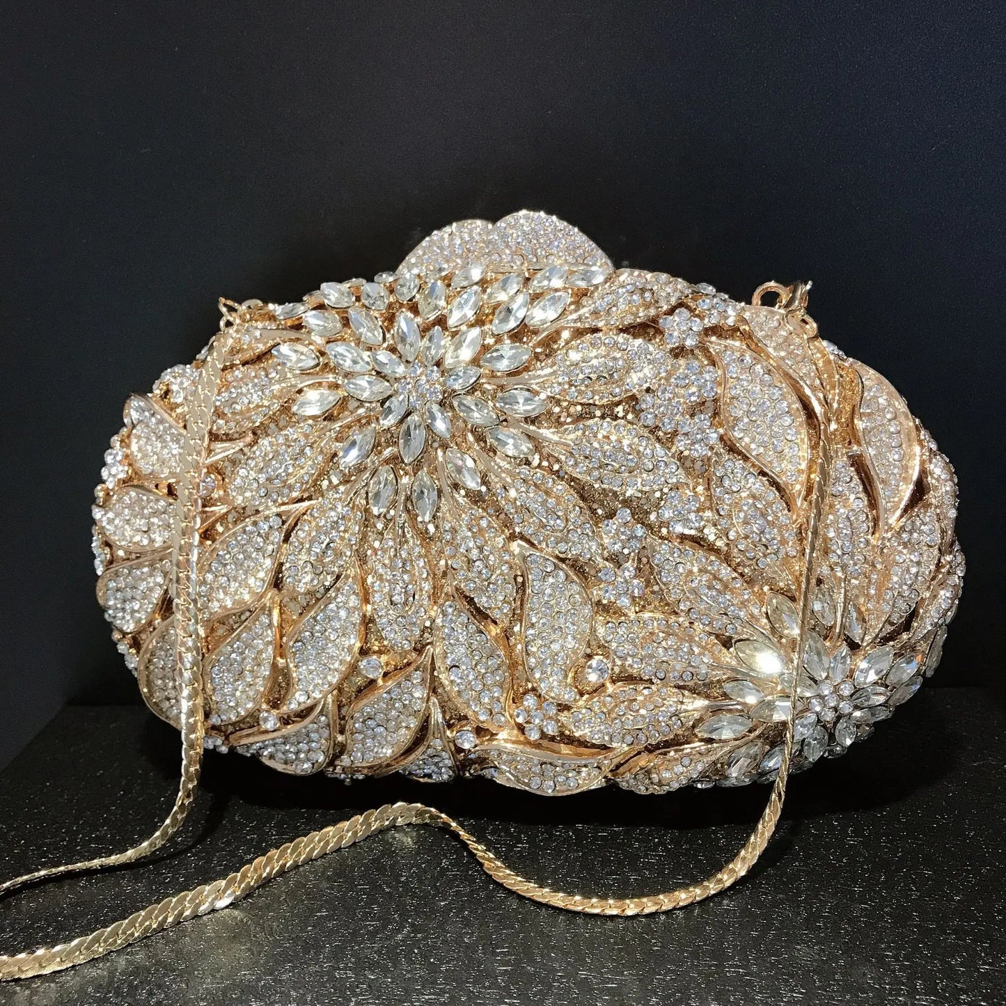 Gold Metal Leaves White Crystals Evening Clutch Bags Luxury Women Wedding Party Purse Ball Handbags Rhinestone Mini Shell Bag
