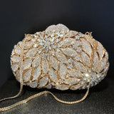 Gold Metal Leaves White Crystals Evening Clutch Bags Luxury Women Wedding Party Purse Ball Handbags Rhinestone Mini Shell Bag