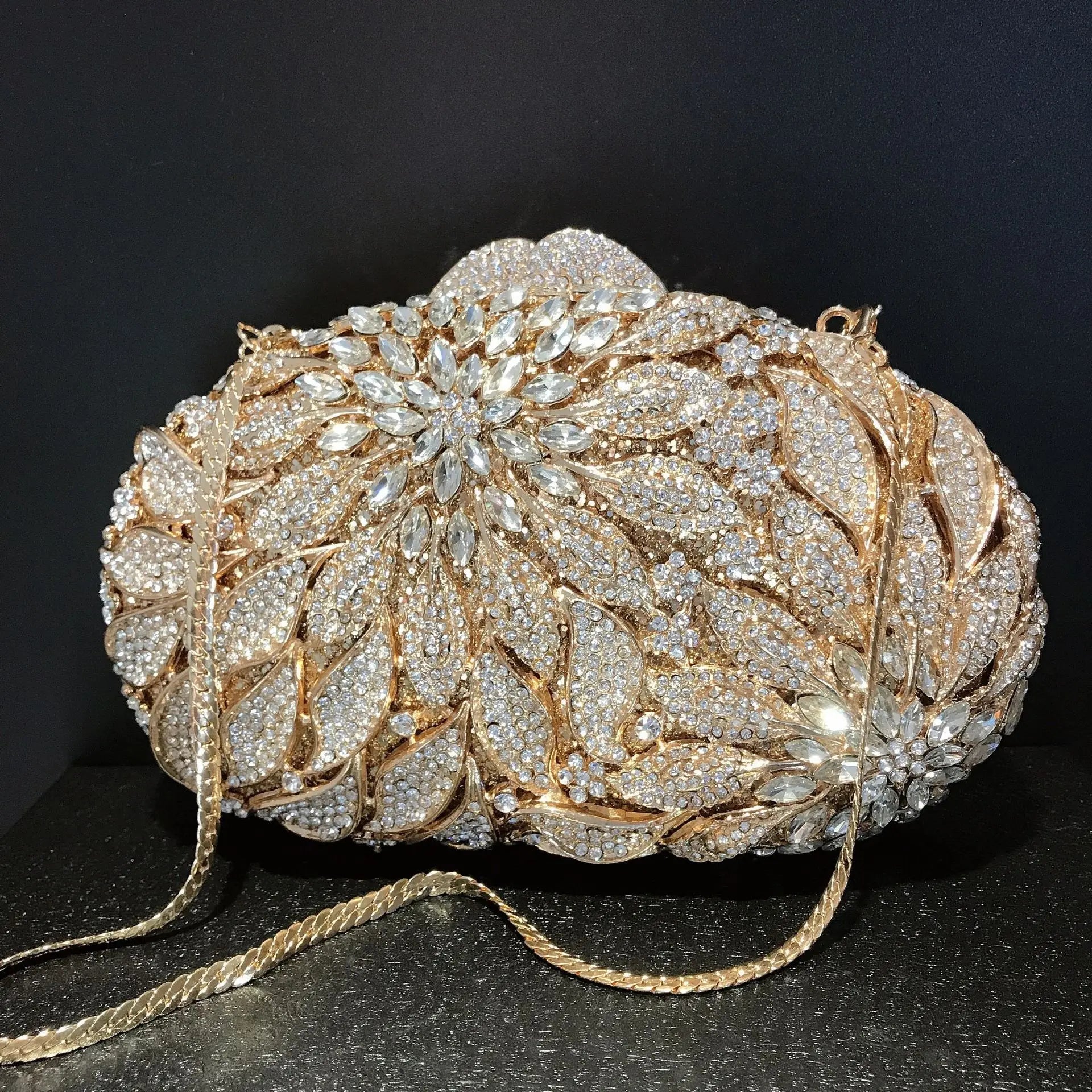 Gold Metal Leaves White Crystals Evening Clutch Bags Luxury Women Wedding Party Purse Ball Handbags Rhinestone Mini Shell Bag