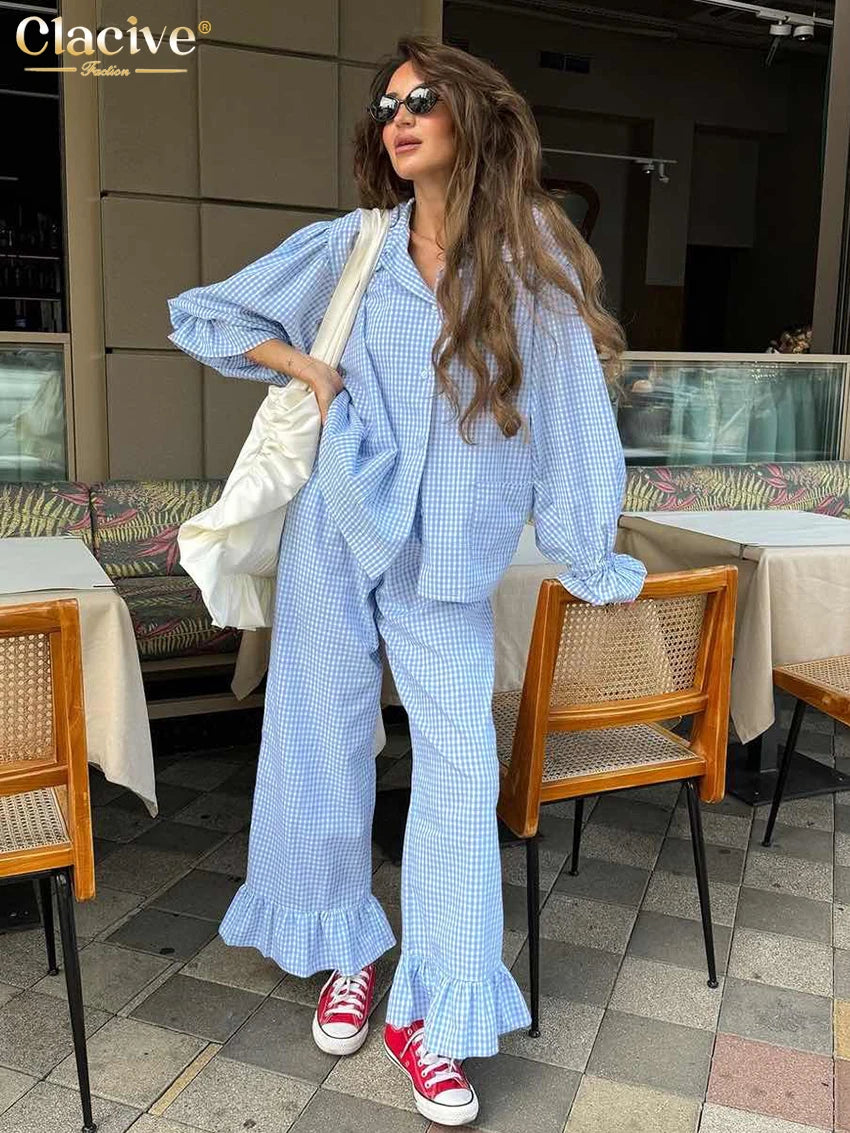 Clacive Fashion Loose Plaid Cotton Women's 3 Pieces Set 2025 Elegant Long Sleeve Shirt With High Wiast Wide Pants Set Female