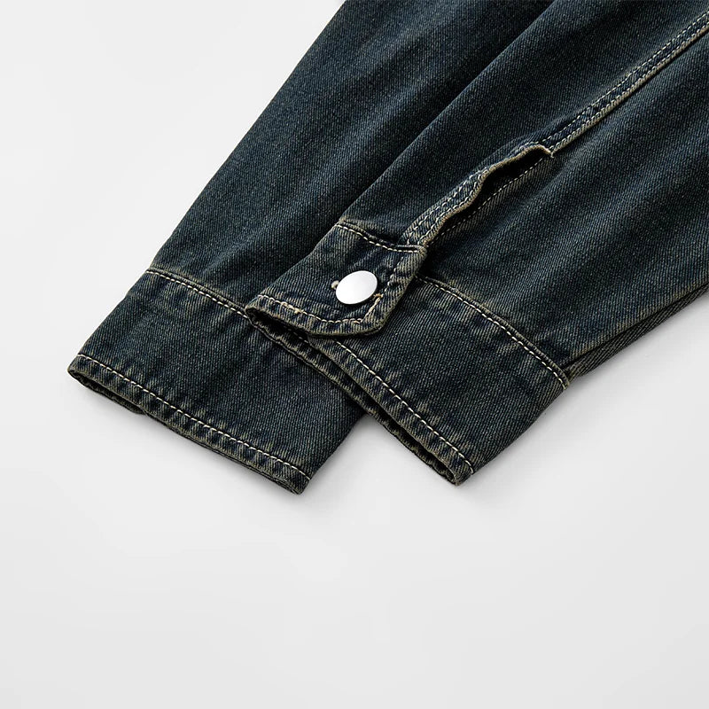 Heavy duty washed denim jacket for men vintage blue lapel long sleeved shirt style jacket casual and loose outer wear
