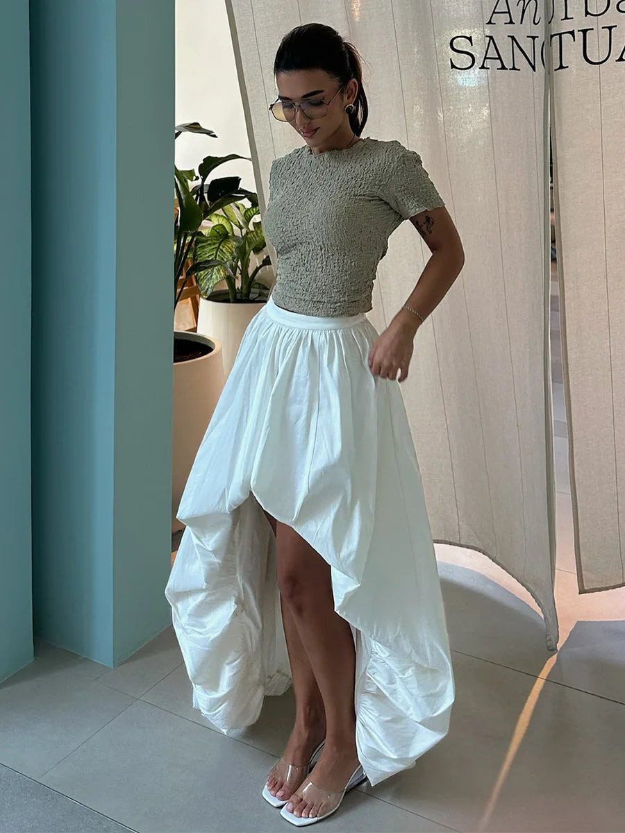 Women's Cotton Ruched Midi Skirt – Elegant A-Line