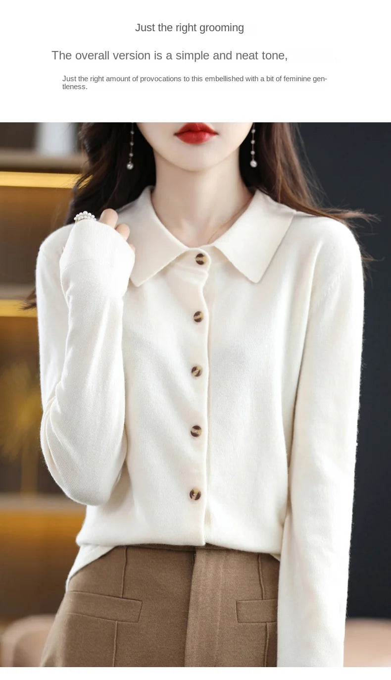 Polo Collar Spun Wool Cardigan – Elegant Single-Breasted Knit Jacket