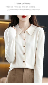 Polo Collar Spun Wool Cardigan – Elegant Single-Breasted Knit Jacket