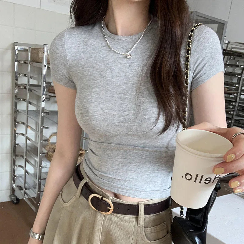 Y2K Vintage Slim Fit Crop Top - Solid Crewneck Short Sleeve Tee