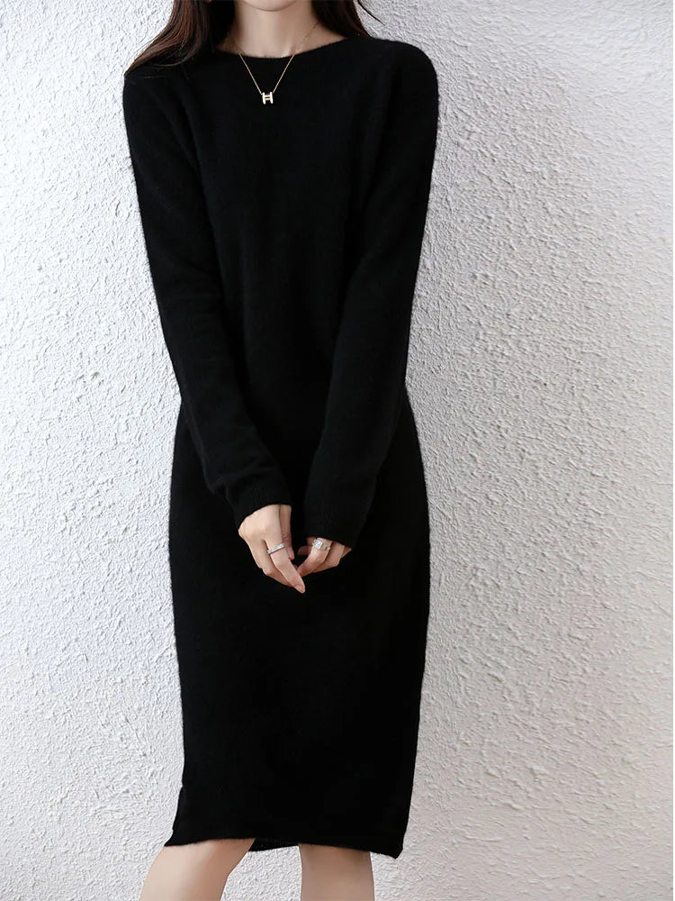 100% Merino Wool Long-Sleeve Midi Sweater Dress