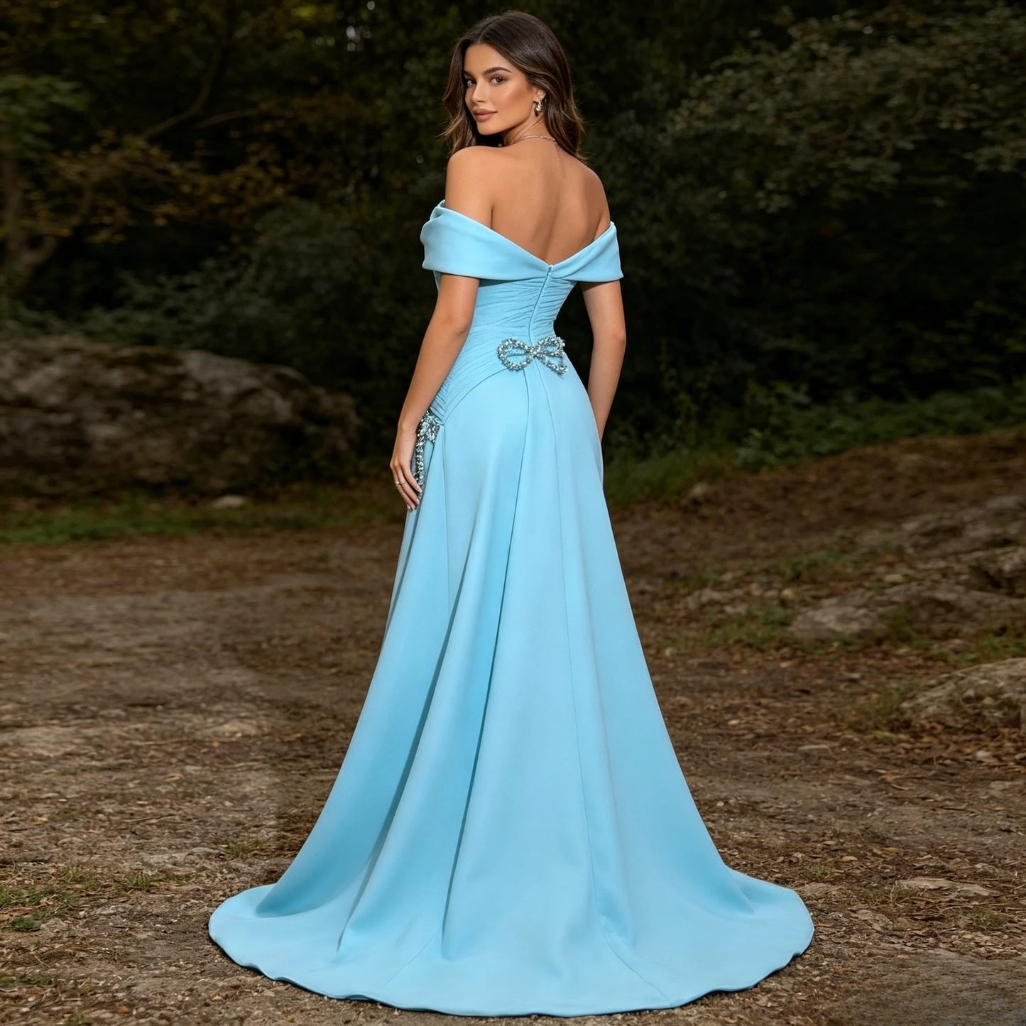Off-Shoulder Crystal Bow Evening Gown | Formal & Prom
