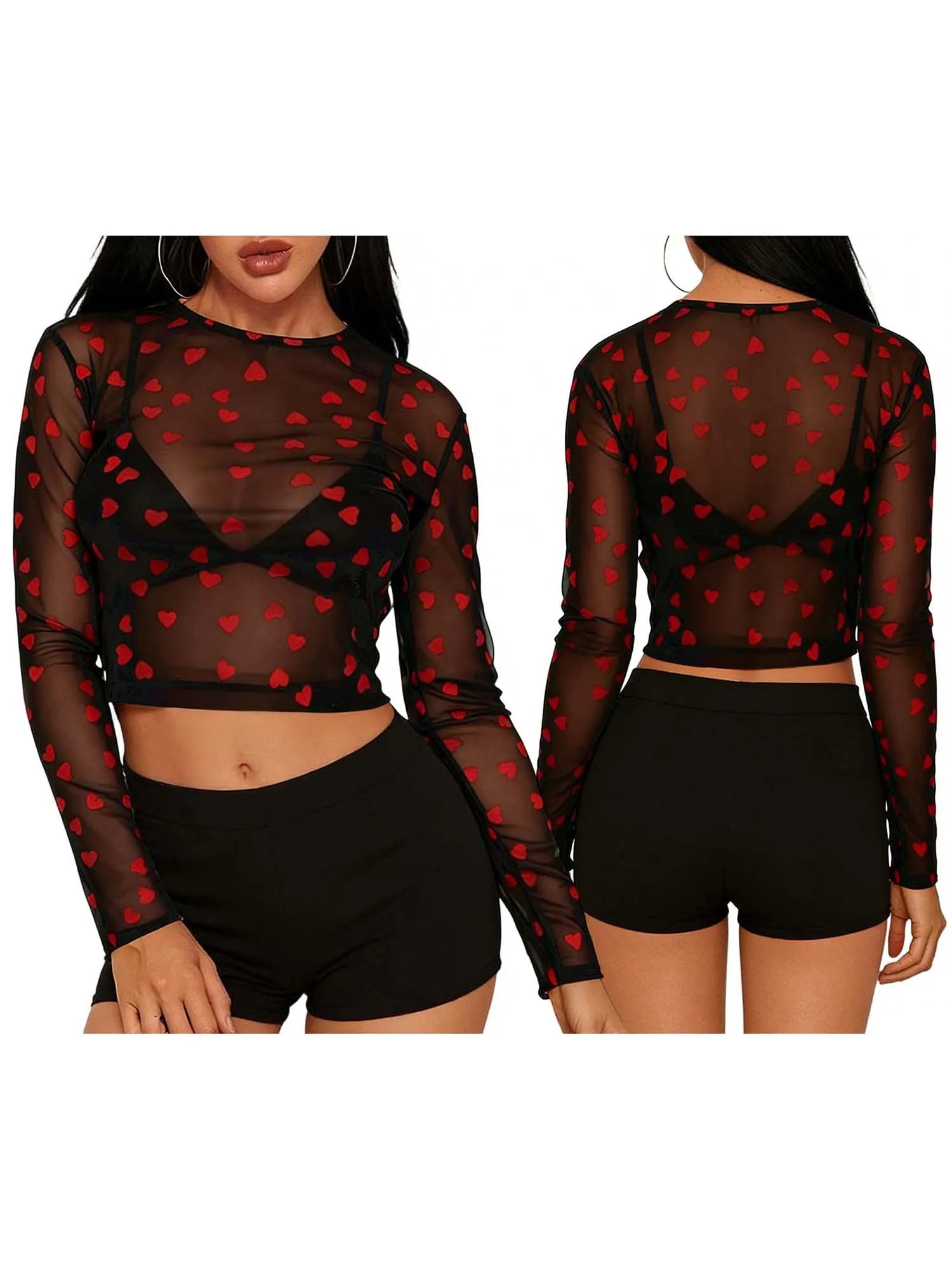 Heart Print Mesh Long Sleeve Crop Top