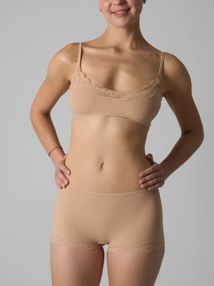 Europe American Simple Pink Light Thin Lace Strap Tank Top Flat Corner Lace Underwear for Women Comfortable Stretchy Short Sets
