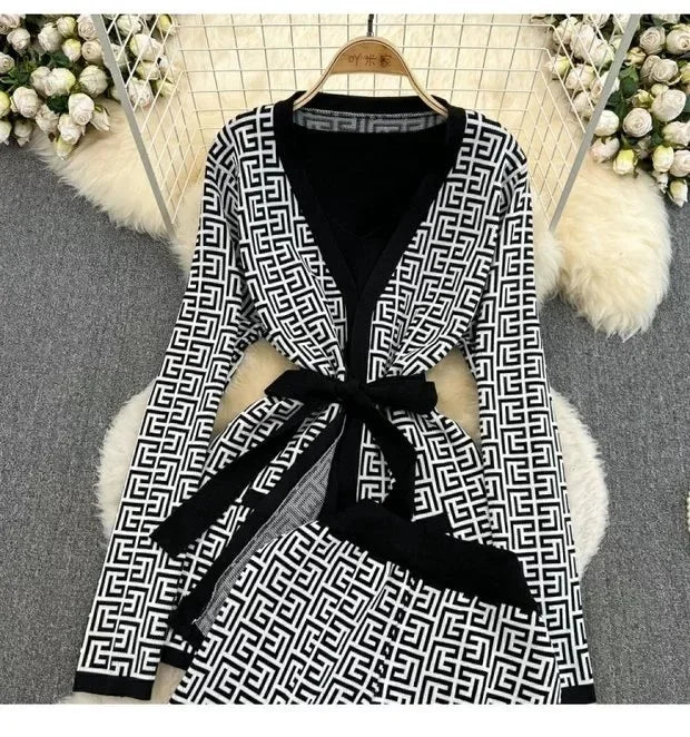 3-Piece Women’s Knitted Set: V-Neck Belted Cardigan & High-Waist Wide-Leg Pants