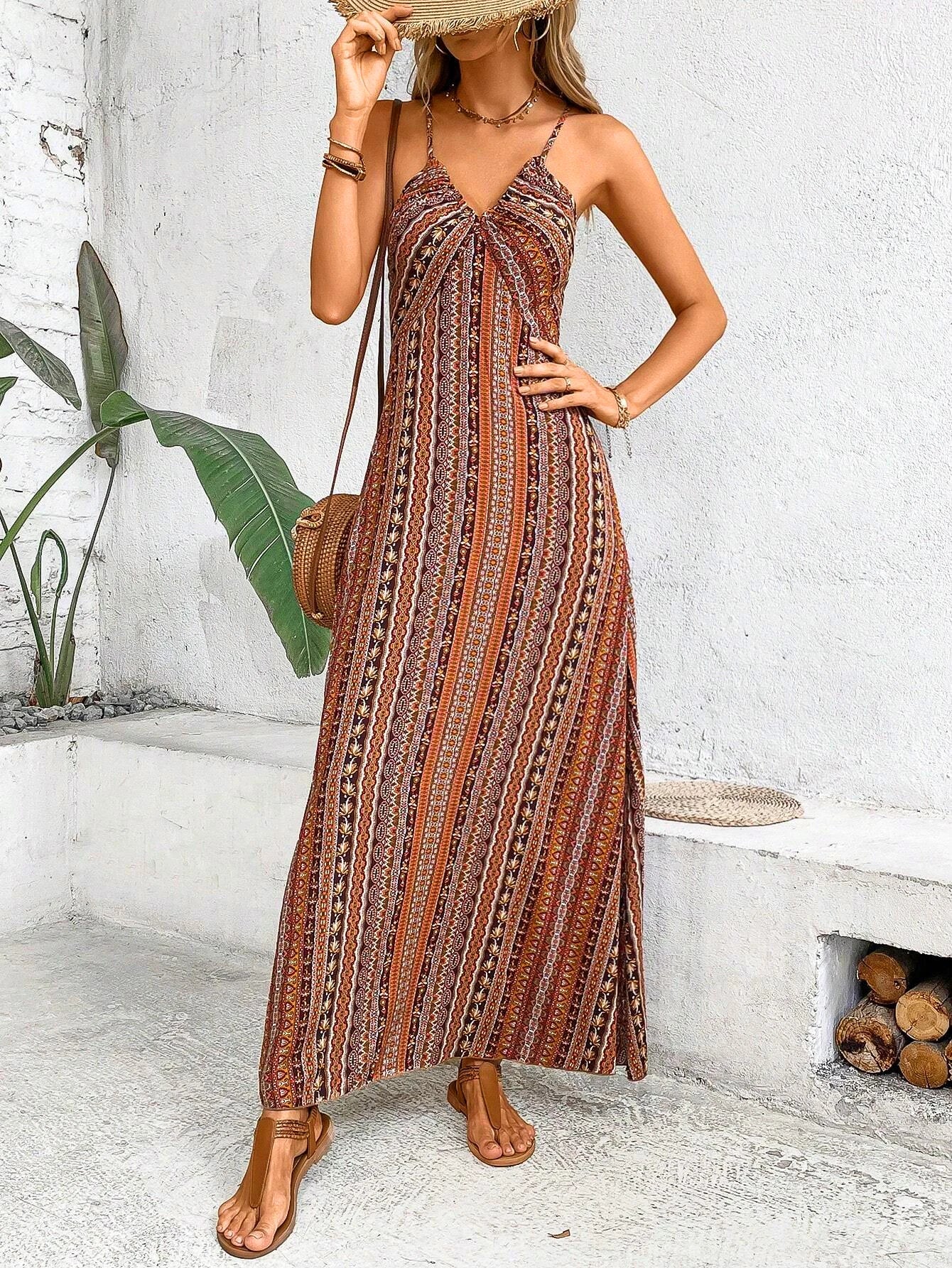 Boho Ethnic Frill Trim Maxi Dress