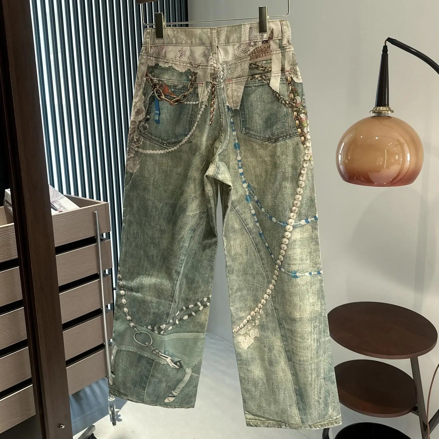 3D Pearl Chain Trompe L'Oeil Straight-Leg Jeans