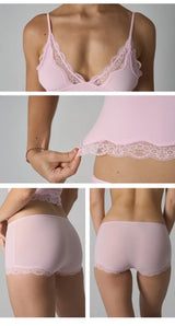 Europe American Simple Pink Light Thin Lace Strap Tank Top Flat Corner Lace Underwear for Women Comfortable Stretchy Short Sets