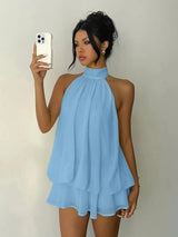 Women's Halter Neck Backless Tie-Front Mini Dress