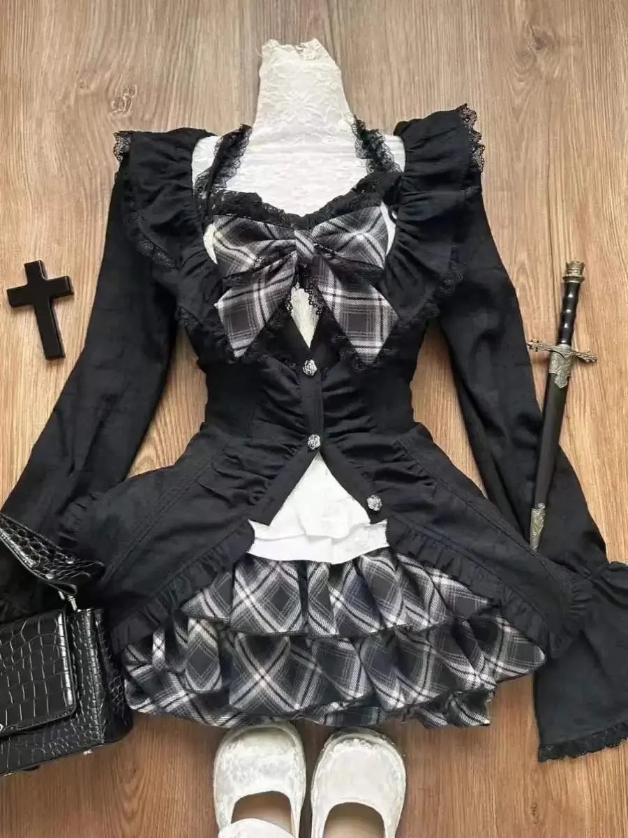 Spring Y2K Princess Outfits Women 2 Piece Sets Sweet Kawaii Bow Tops + Lace Pleated Skirt Female Retro Chic Preppy Style Clothes