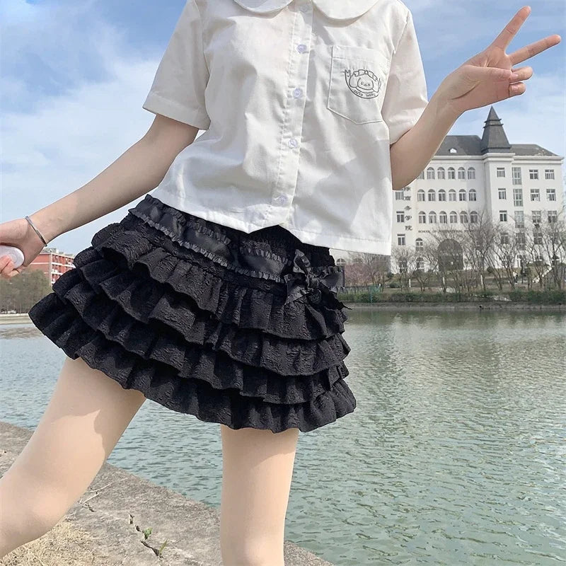 Kawaii Bow Mini Skirt – Ruffle Tiered A-Line