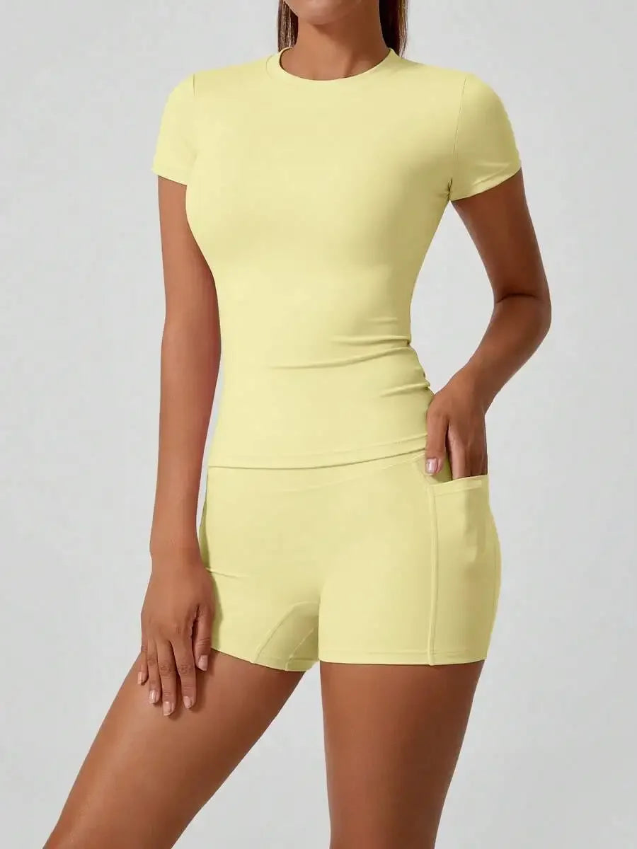 Women's Sculpting Sports Short Sleeve & High-Waist Shorts Set