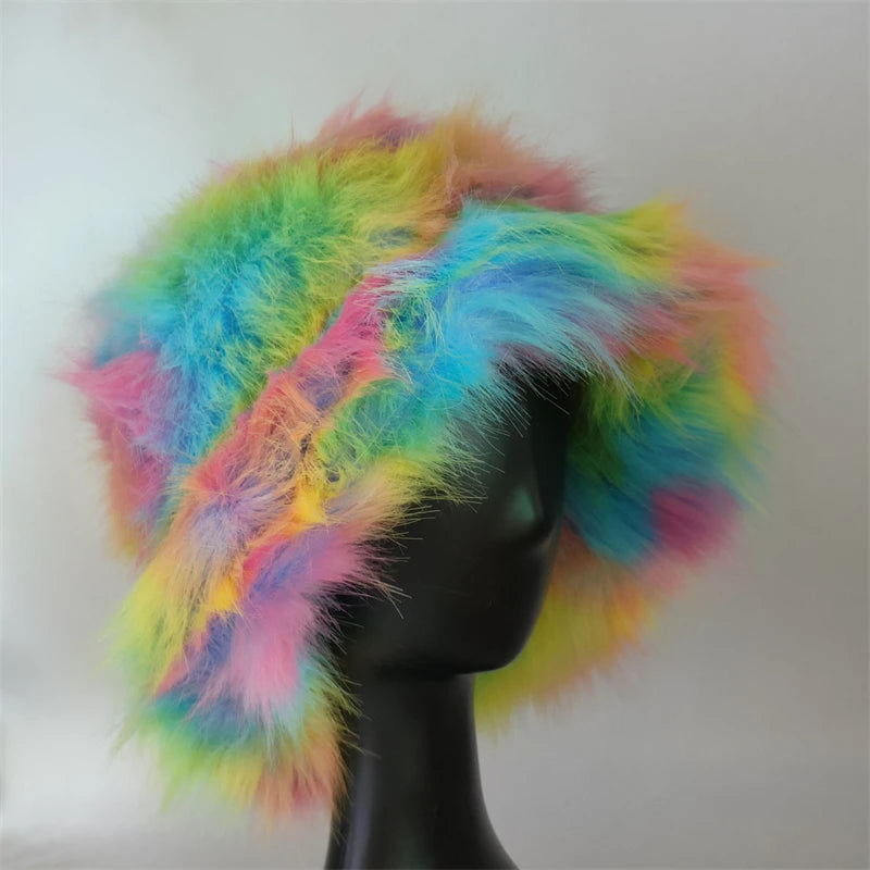 1pcs Winter Faux Fur Bucket Hat Warm Fluffy Plush colorful soft Winter hat Personality fur Fisherman Hats for women Plush hat겨