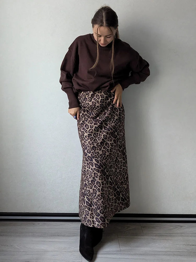 Leopard Print Suede Maxi Skirt – Women's Autumn Winter