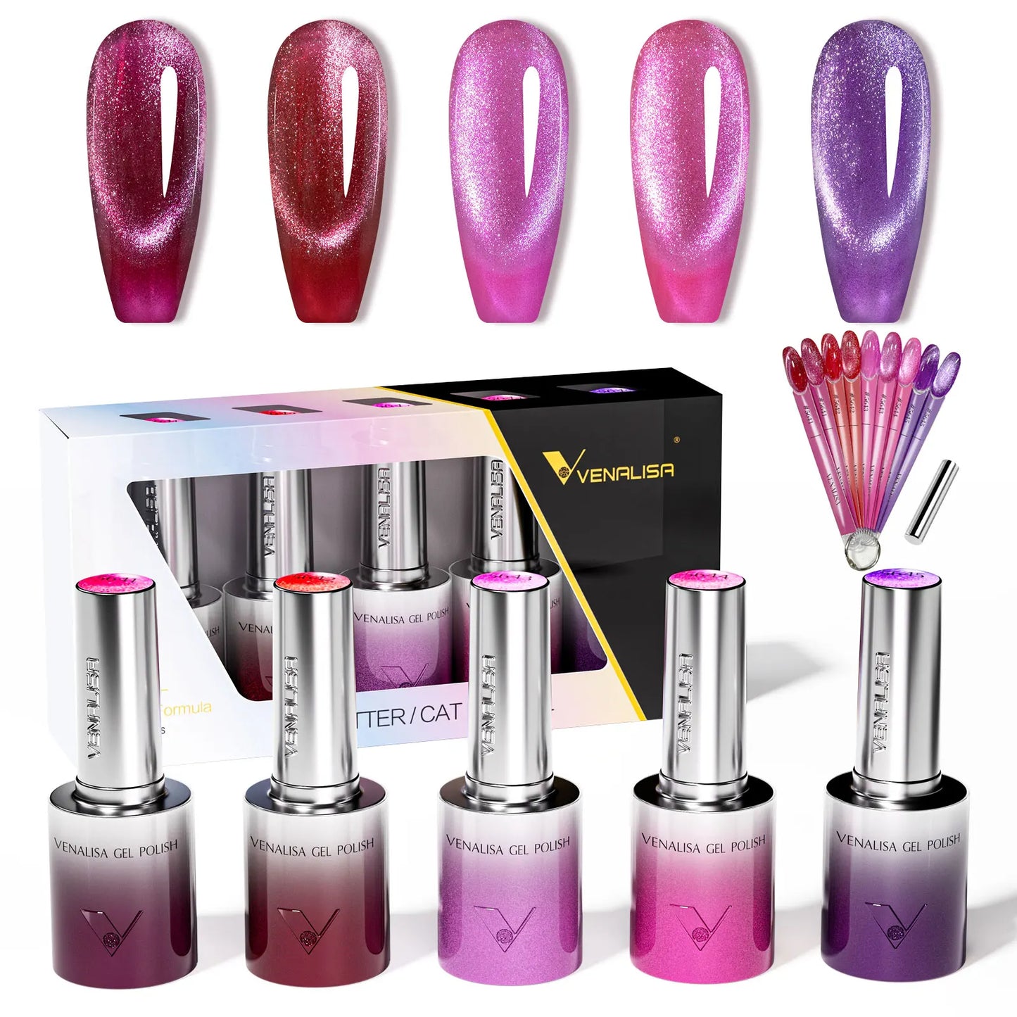 5pcs*10ml/kit VENALISA HEMA FREE TPO FREE Glitter Red Cat Eye Gel Nail Polish Ultra Diamond Gel UV LED Soak Off Nail Manicure