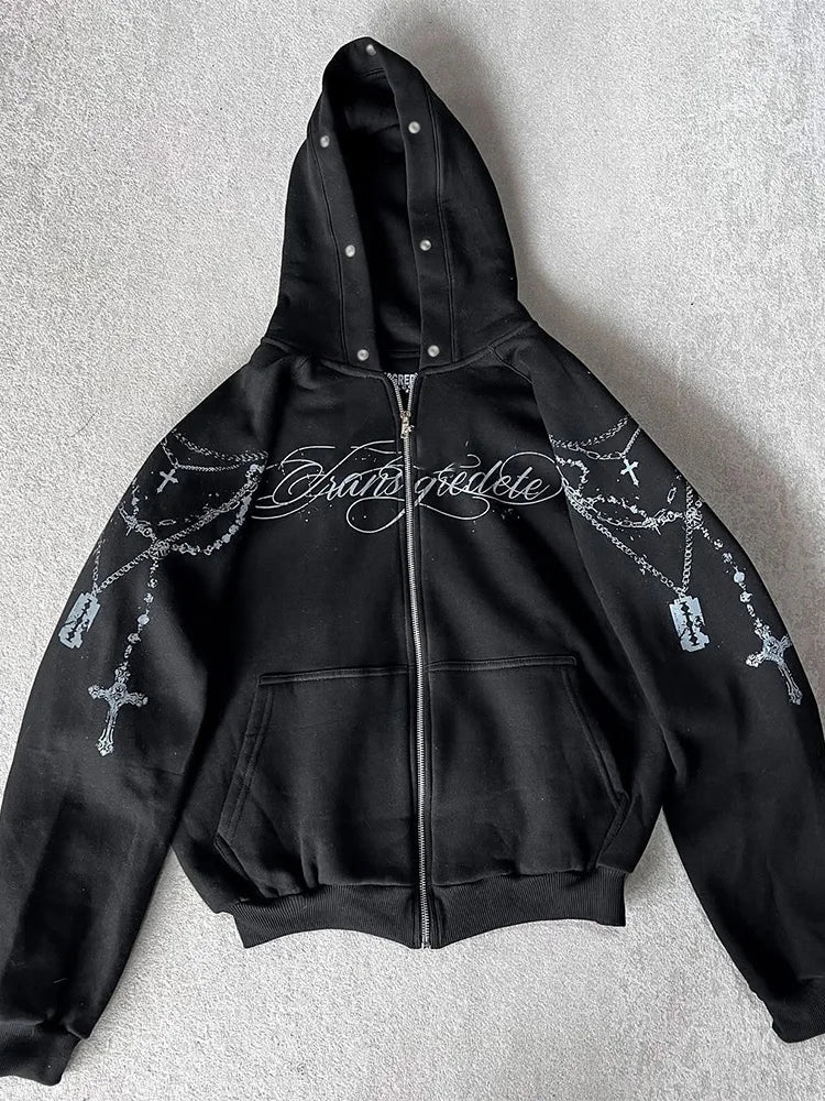 Winter Fashion Streetwear Women's Gothic Punk Faux Fur Hooded Jacket With Cross Print Trendy Edgy Zip - Up Sweatshirt 2026 New