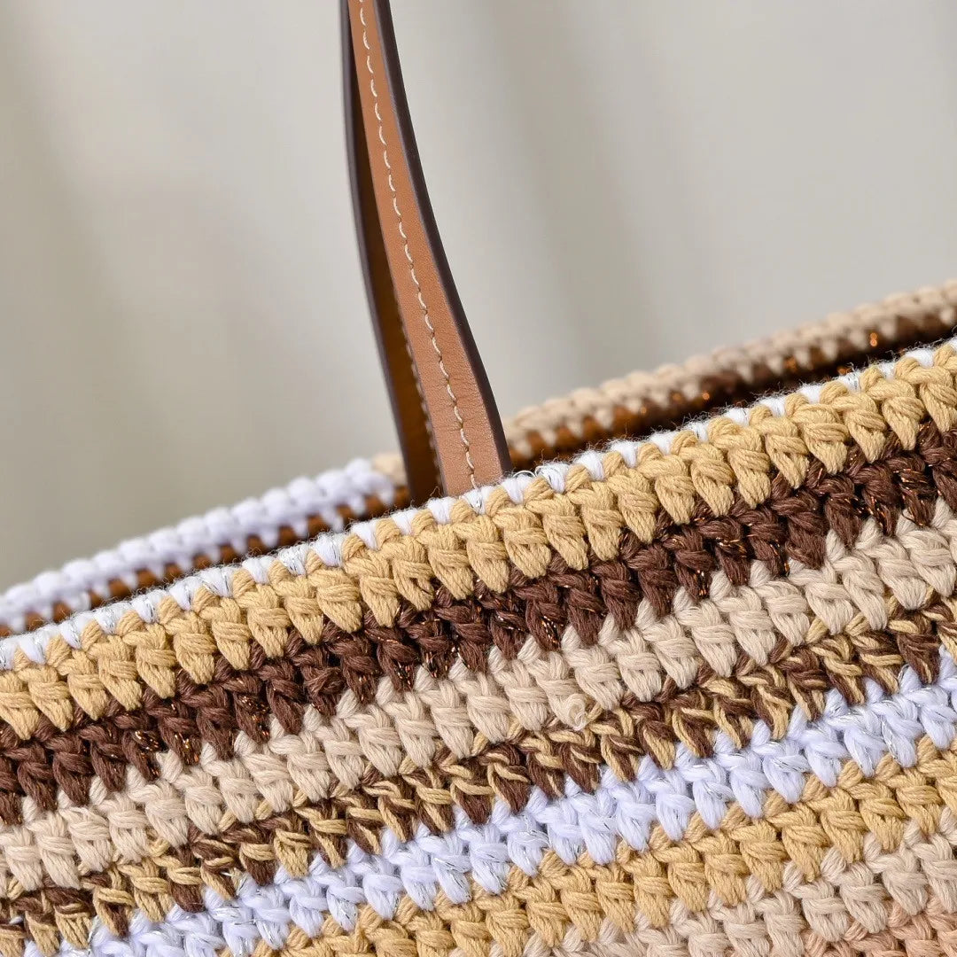 UOSU Woven Straw Tote — Large Contrast Stripe Beach Bag