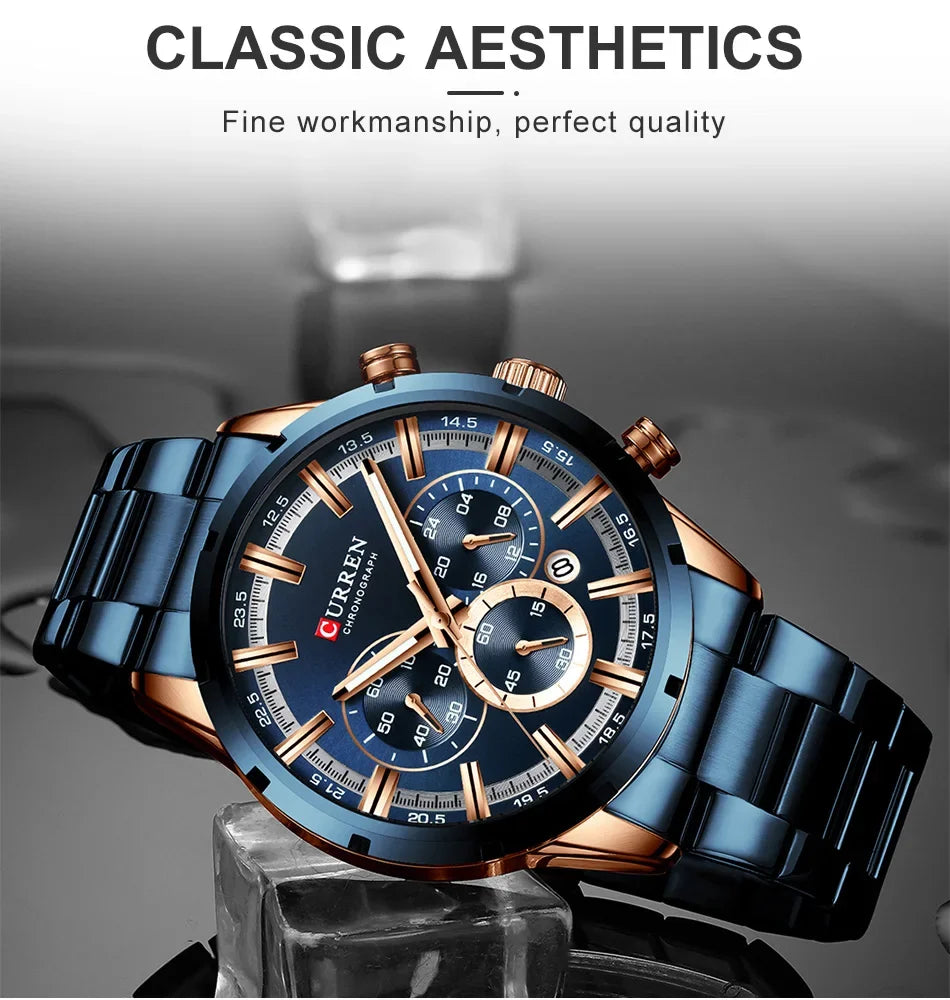 Men's six-needle multifunctional watch Waterproof calendar round strap stainless steel strap date men's business men's watch