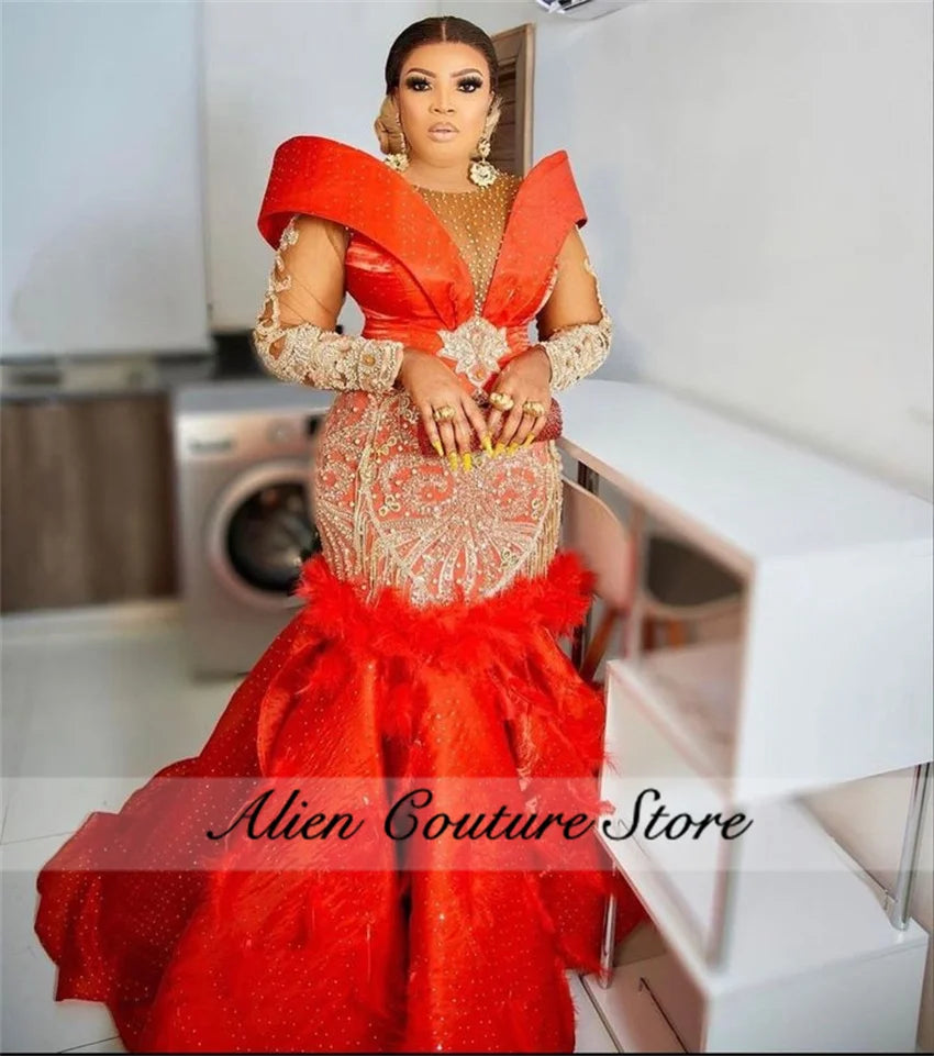 Mermaid Evening Gown | Crystals, Feathers & Beading