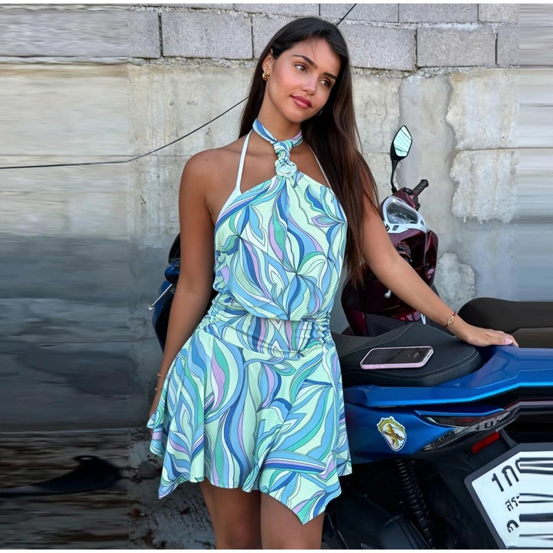 Swirl Print Women's Mini Dress Sexy Halter Neck Sleeveless Backless Ruffles Dresses Female 2026 Summer Fashion Beach Vestidos