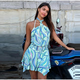 Swirl Print Women's Mini Dress Sexy Halter Neck Sleeveless Backless Ruffles Dresses Female 2026 Summer Fashion Beach Vestidos