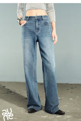 TOYOUTH Women Denim Jeans 2025 Autumn New Lycra Stretch Washed Wide Leg Straight Long Pants