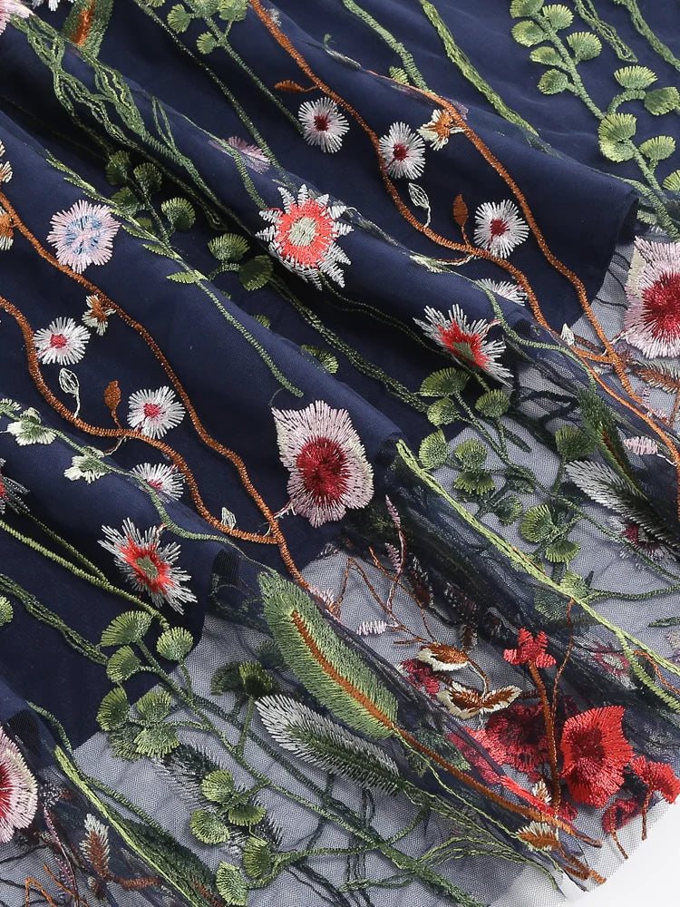 Tonval Floral Embroidered Mesh Midi Skirt – Elegant & Vintage