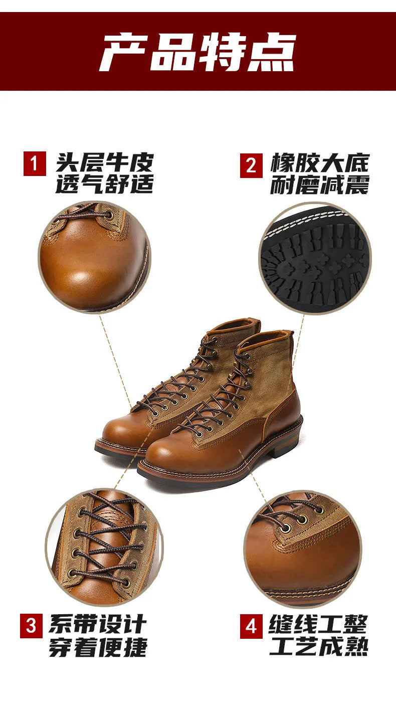 KOWM Hiking shoes men's walking boots British cowhide high top motorcycle boots ankle casual sneakers trekking shoes thick soled