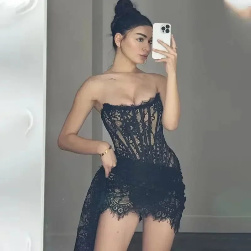 Strapless Lace Mini Dress – Elegant Sheer Patchwork Slim Fit Evening Dress