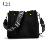 CH New Jacquard Letter Women Bucket Bag Wide Printed Strap Crossbody Purse Large Capacity Ladies Casual Daily Handbag Gift