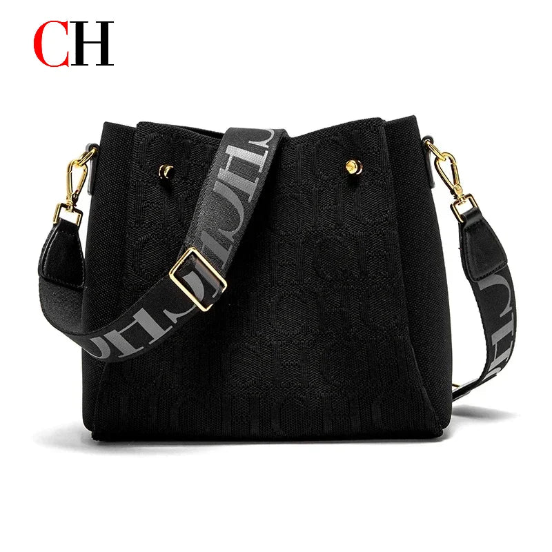 CH New Jacquard Letter Women Bucket Bag Wide Printed Strap Crossbody Purse Large Capacity Ladies Casual Daily Handbag Gift