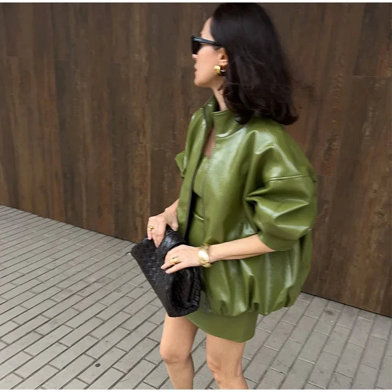 Vintage Green Leather Skirt Sets Women Fashion Solid Strapless Short Skirts Zipper Jacket Outfits Lady Daily Highstreet Outfits