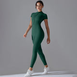 Zip-Front Yoga Jumpsuit - Quick-Dry Short Sleeve Fitness Bodysuit