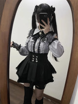Women‘s Lolita Set Dark Femme Mesh Top & Waist Cinching Skirt, 2025 Autumn Japanese Street Style Coord for Gothic Baddie Fashion