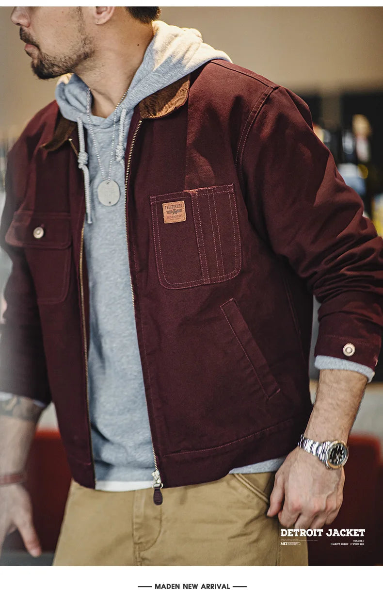 Maden Retro Heavyweight Canvas Detroit Jacket Corduroy Collar Hunting Short Zip-Up Jacket with Pockets Men's Autumn Outerwear