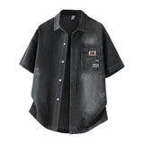 Men's Casual Black Denim Shirt Short Sleeve Loose Fit Gradient Washed RESPECT Embossed Summer Streetwear Button Up Blouse