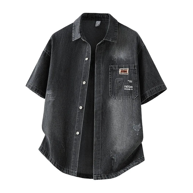 Men's Casual Black Denim Shirt Short Sleeve Loose Fit Gradient Washed RESPECT Embossed Summer Streetwear Button Up Blouse