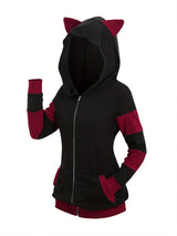 Women's Cat Ear Colorblock Zip-Up Hoodie